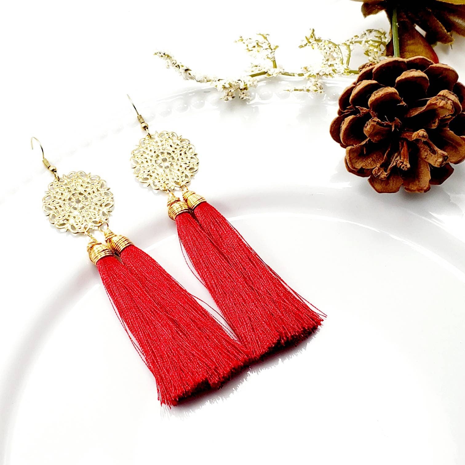 Red Tassel earrings, Long tassel earrings handmade, Boho tassel earrings, Statement Tassel earrings,Unique tassel earrings,Bohemian Earrings