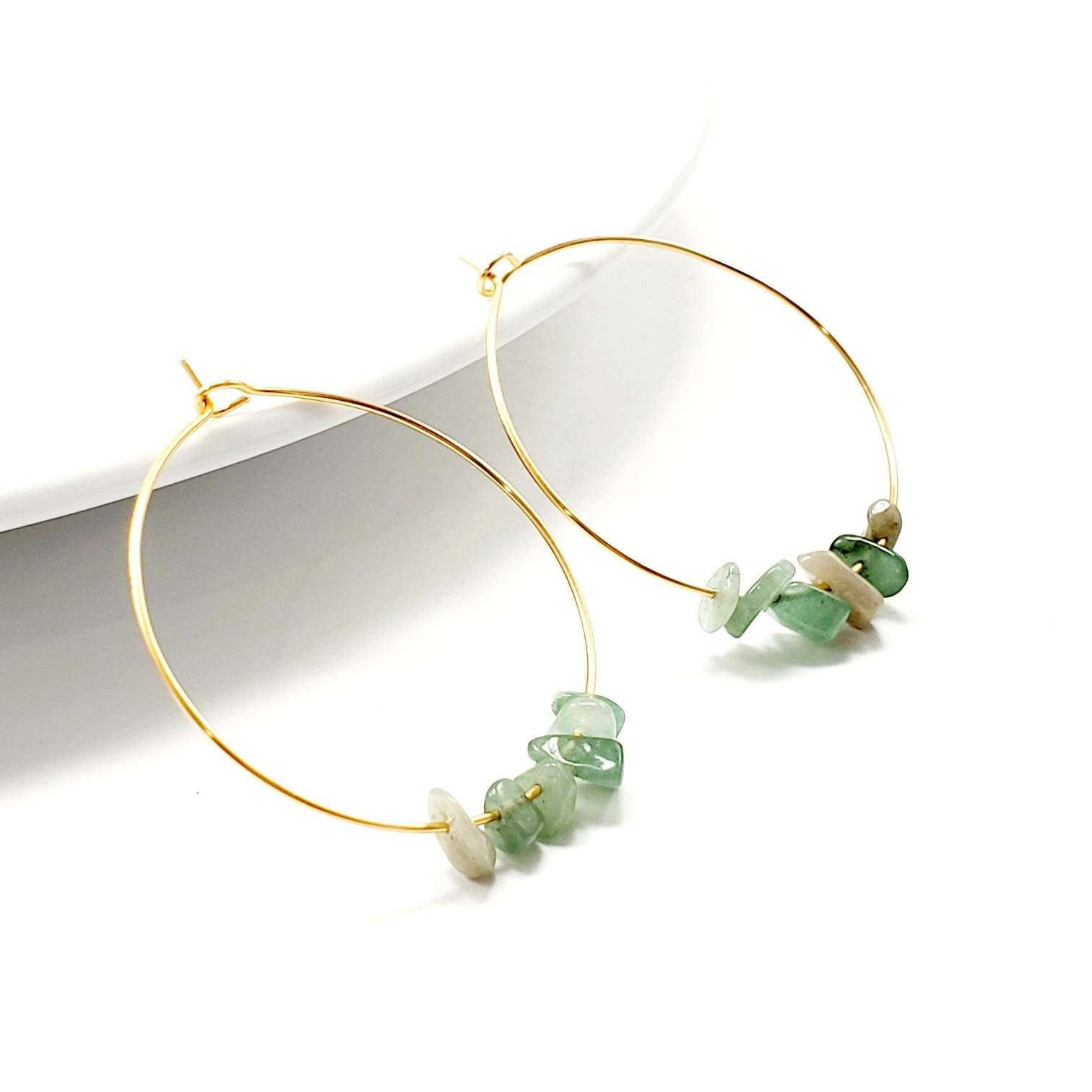 Aventurine Earrings, GEMSTONE HOOP EARRINGS, Raw Crystal hoop earrings, Raw stone earrings, thin wire hoop, wire wrap hoop, flat gold hoop