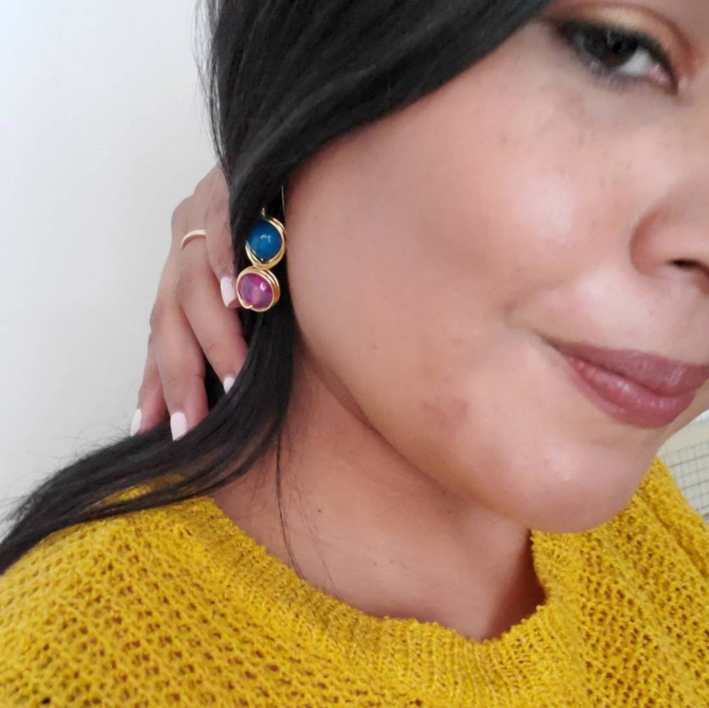 Agate Drop Earrings, Blue Pink Agate Earrings, Natural Agate Earrings, Hot Pink agate Earrings, statement earrings, festival jewelry