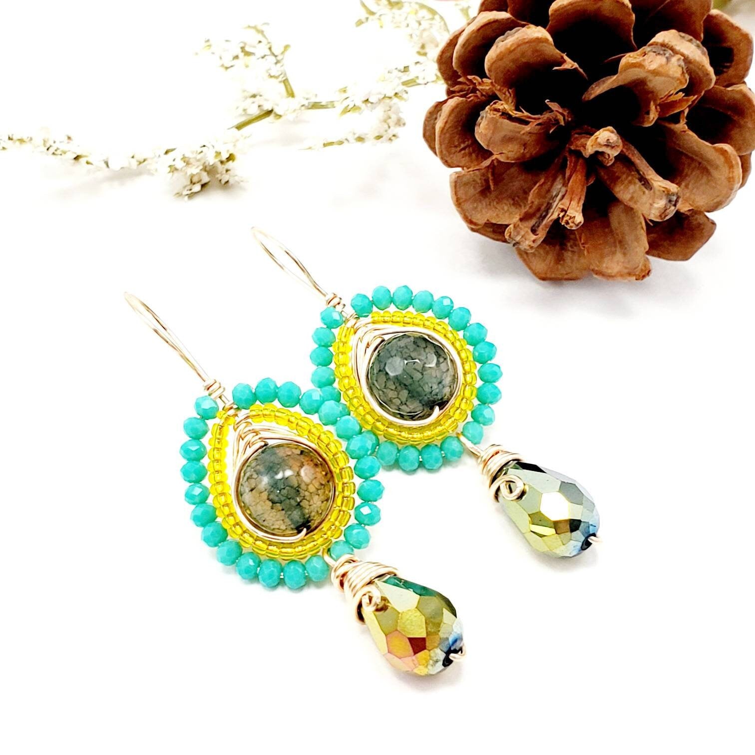 Moss agate earrings, Agate Herkimer, Large drop earrings,Dainty Green earrings, natural moss agate, green moss agate, christmas-gifts gifte
