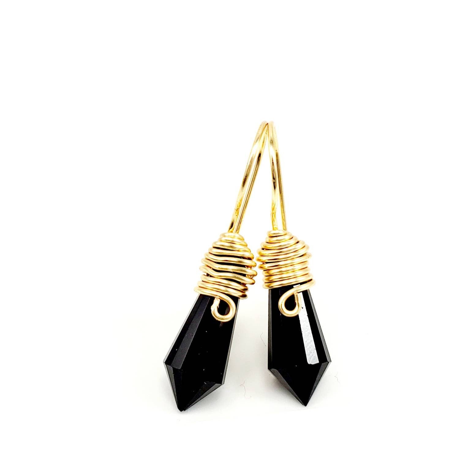 Black Pendulum Wire Wrapped Earring, Black Earrings, Black Crystal Earrings, Wirewrapped jewelry, Small crystal earrings, Bday gifts for her, healing