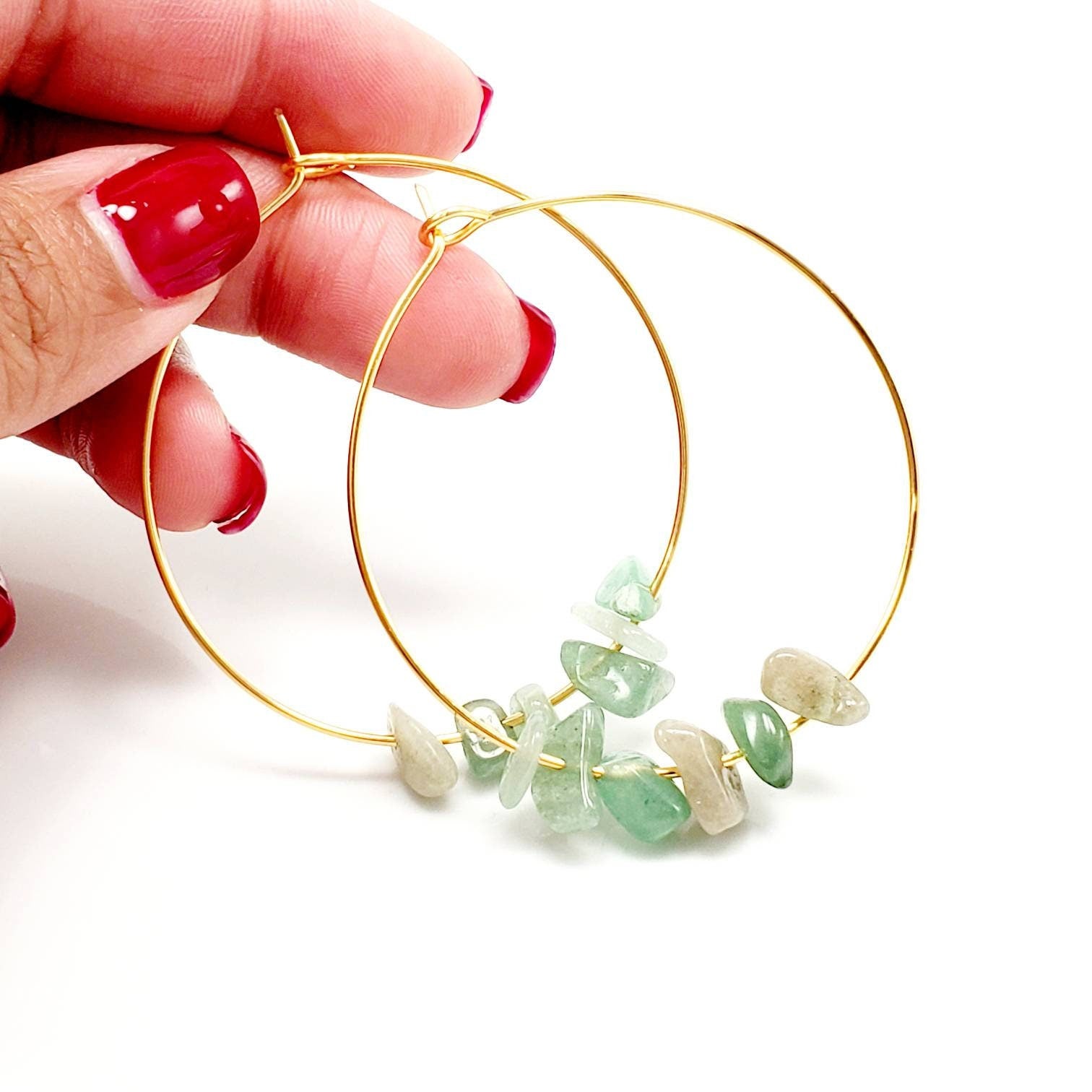 Aventurine Earrings, GEMSTONE HOOP EARRINGS, Raw Crystal hoop earrings, Raw stone earrings, thin wire hoop, wire wrap hoop, flat gold hoop