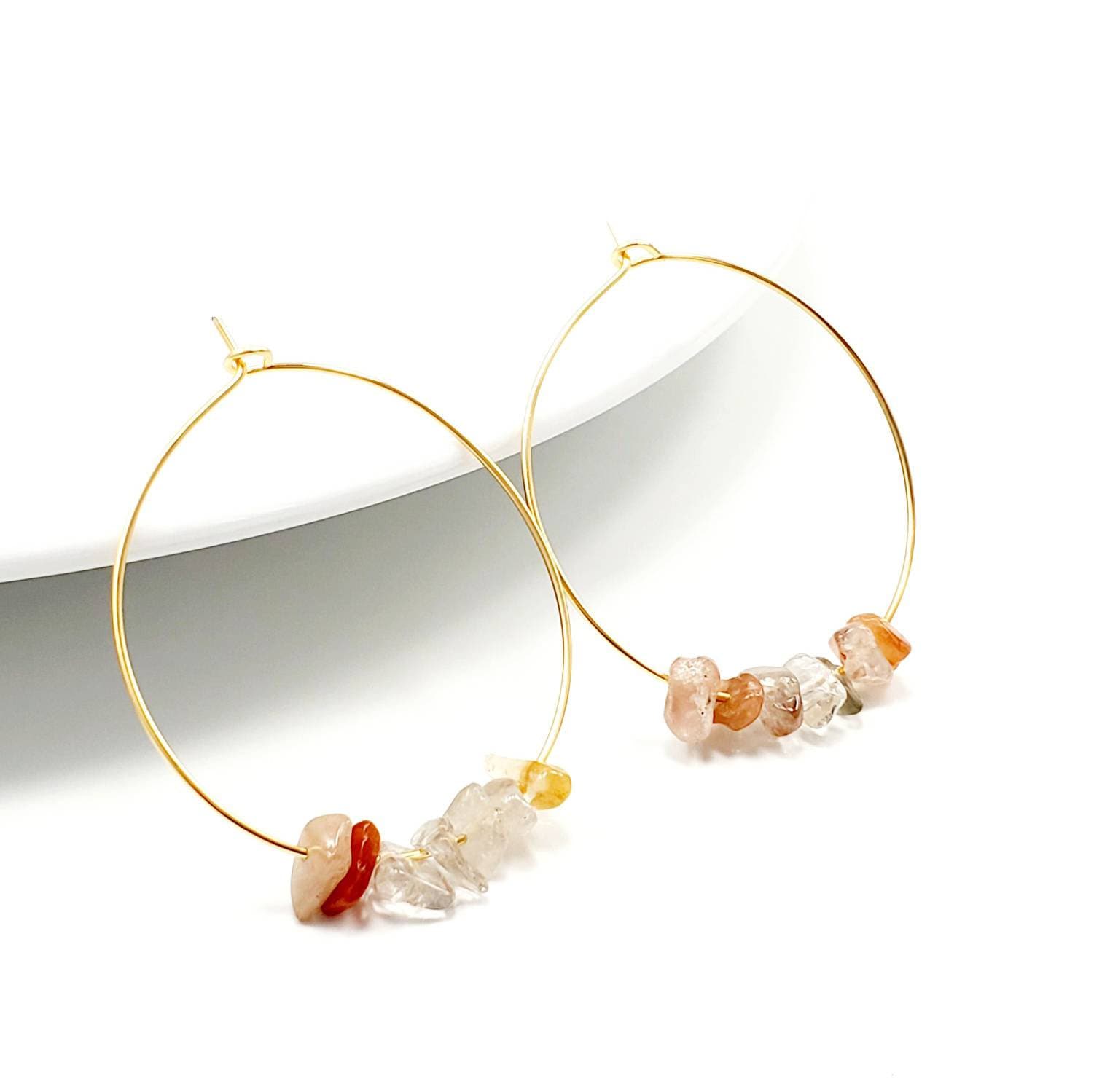 Rutilated quartz earrings, Thin hoop earrings, Big hoop earrings, Crystal hoop earrings, Unique hoop earrings, Raw crystal earrings