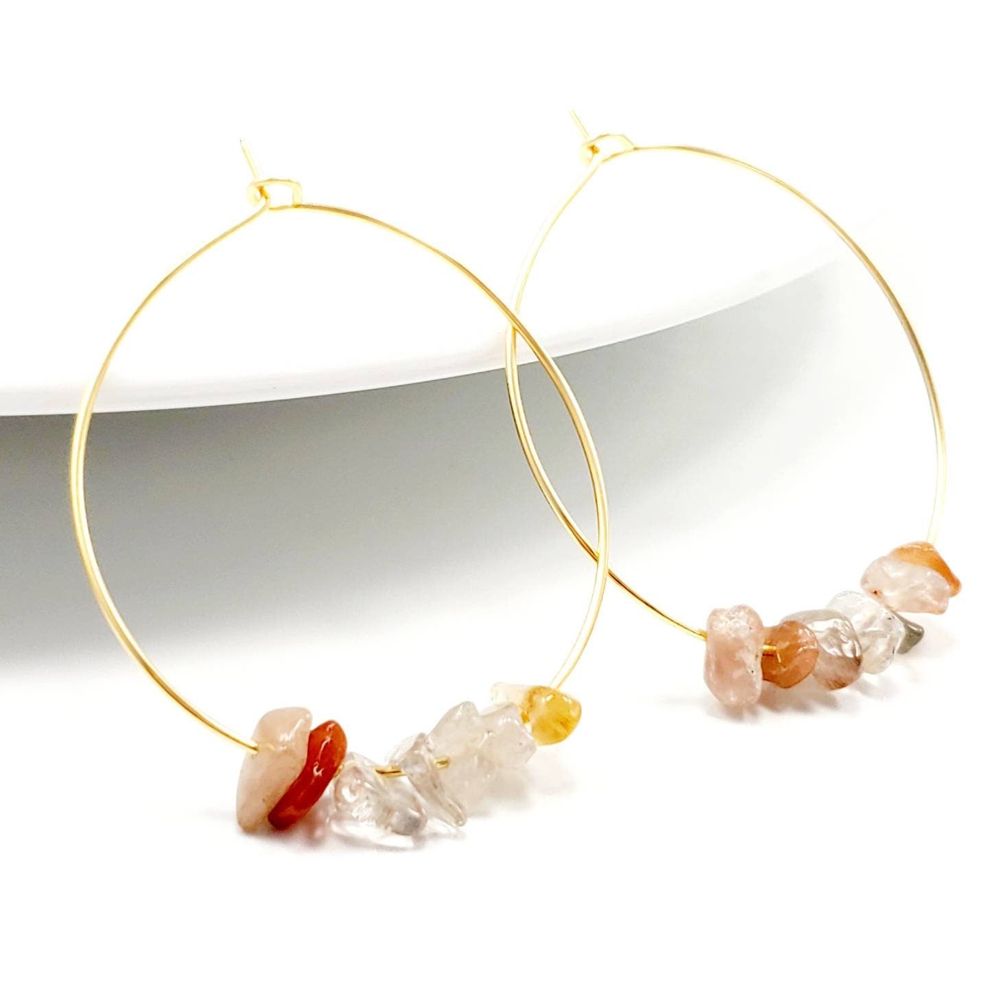 Rutilated quartz earrings, Thin hoop earrings, Big hoop earrings, Crystal hoop earrings, Unique hoop earrings, Raw crystal earrings