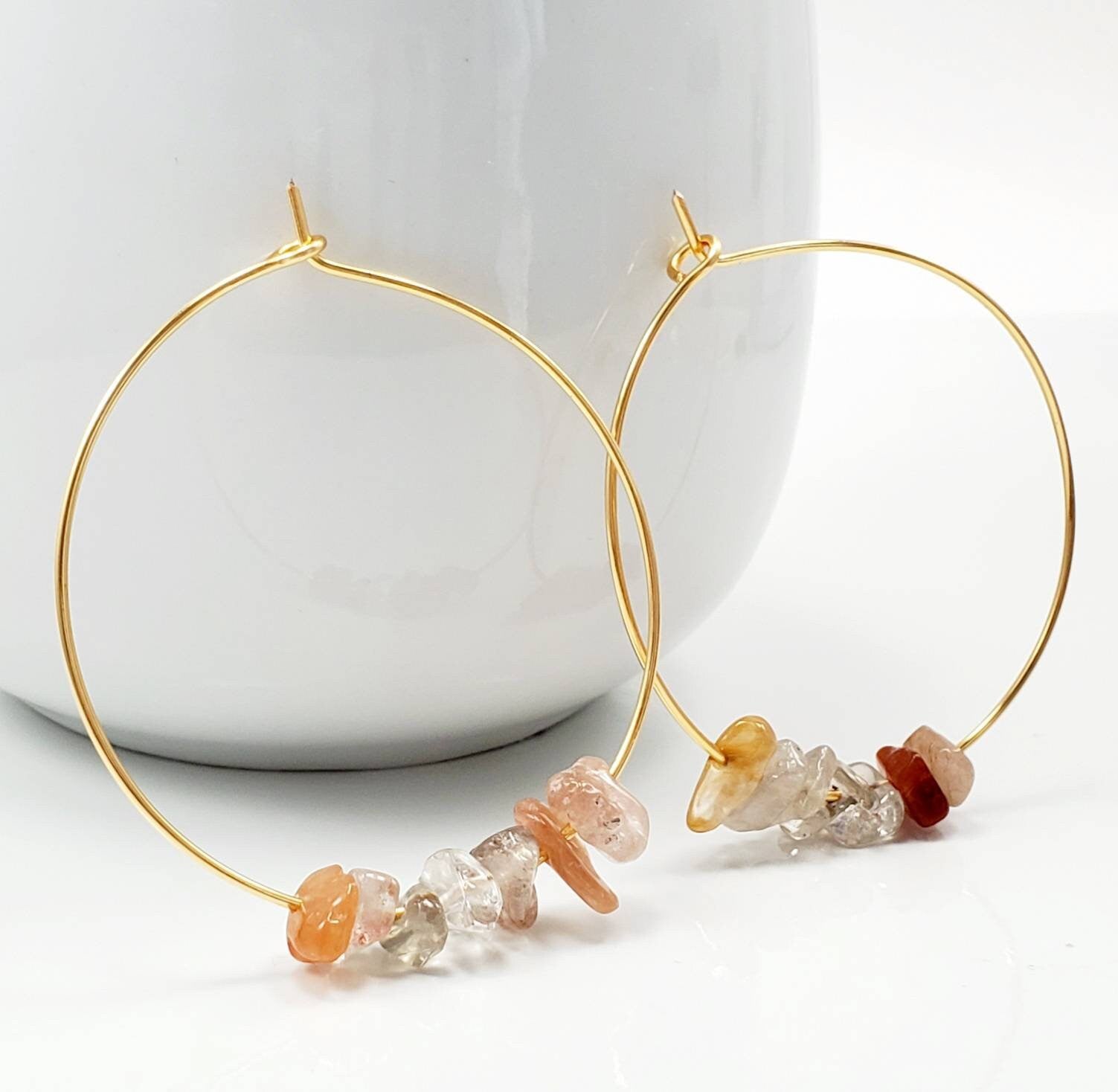 Rutilated quartz earrings, Thin hoop earrings, Big hoop earrings, Crystal hoop earrings, Unique hoop earrings, Raw crystal earrings