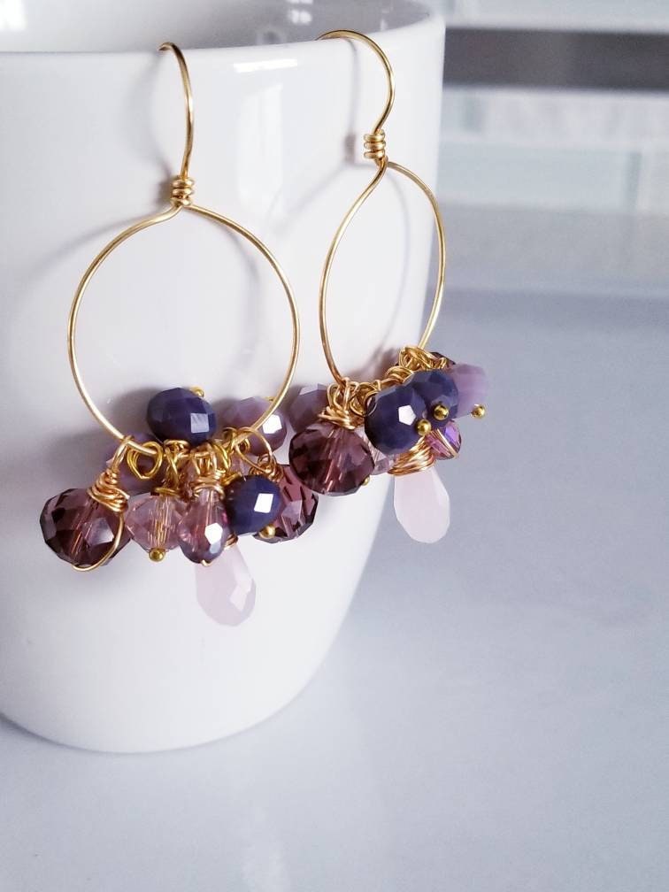 Pink Purple Hoop crystal Earrings, Thin Hoop Earrings, Raw Crystal Earrings, Large Hoop Earrings, Gold Filled Hoop Earrings, gift personally