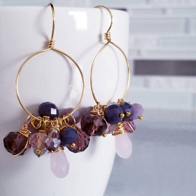 Pink Purple Hoop crystal Earrings, Thin Hoop Earrings, Raw Crystal Earrings, Large Hoop Earrings, Gold Filled Hoop Earrings, gift personally