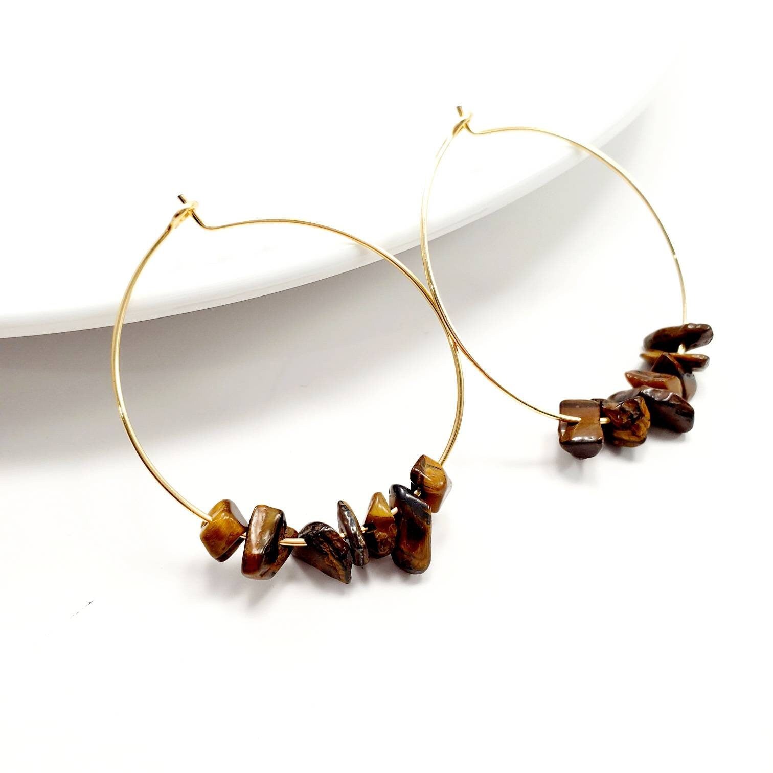 Tiger eye earrings, Thin gold hoop earrings, unique hoop earrings, thin hoop earrings, gold filled hoop earrings, gifted mom, mom-mom gifts