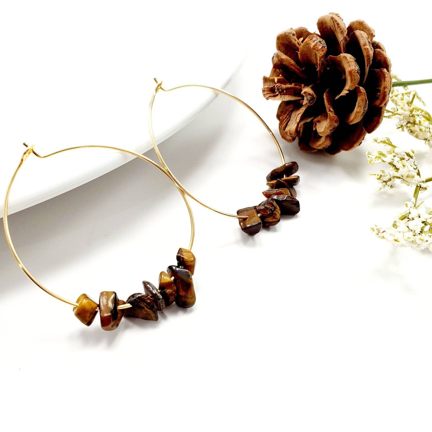 Tiger eye earrings, Thin gold hoop earrings, unique hoop earrings, thin hoop earrings, gold filled hoop earrings, gifted mom, mom-mom gifts