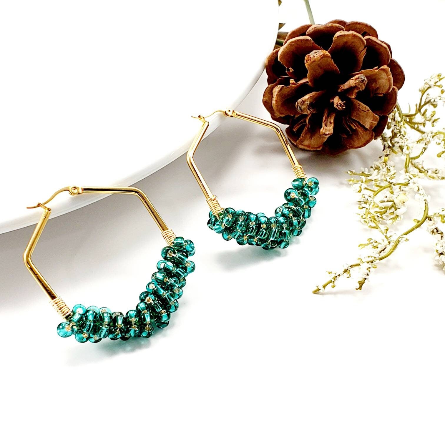 Lizz Franco Hexagon Earrings - Gold Beaded Hoop Earrings, Geometric Hoops