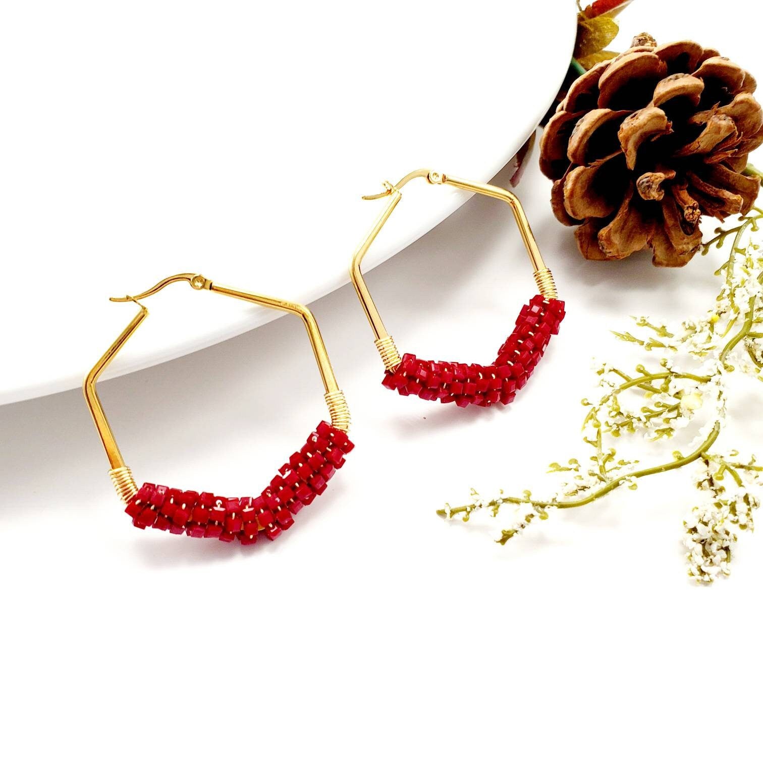 Red Earrings Hoop Hexagon, Colorful red earrings, Red Crystal hoop earrings, 14k gold filled hoop earrings, Chunky hoop earrings