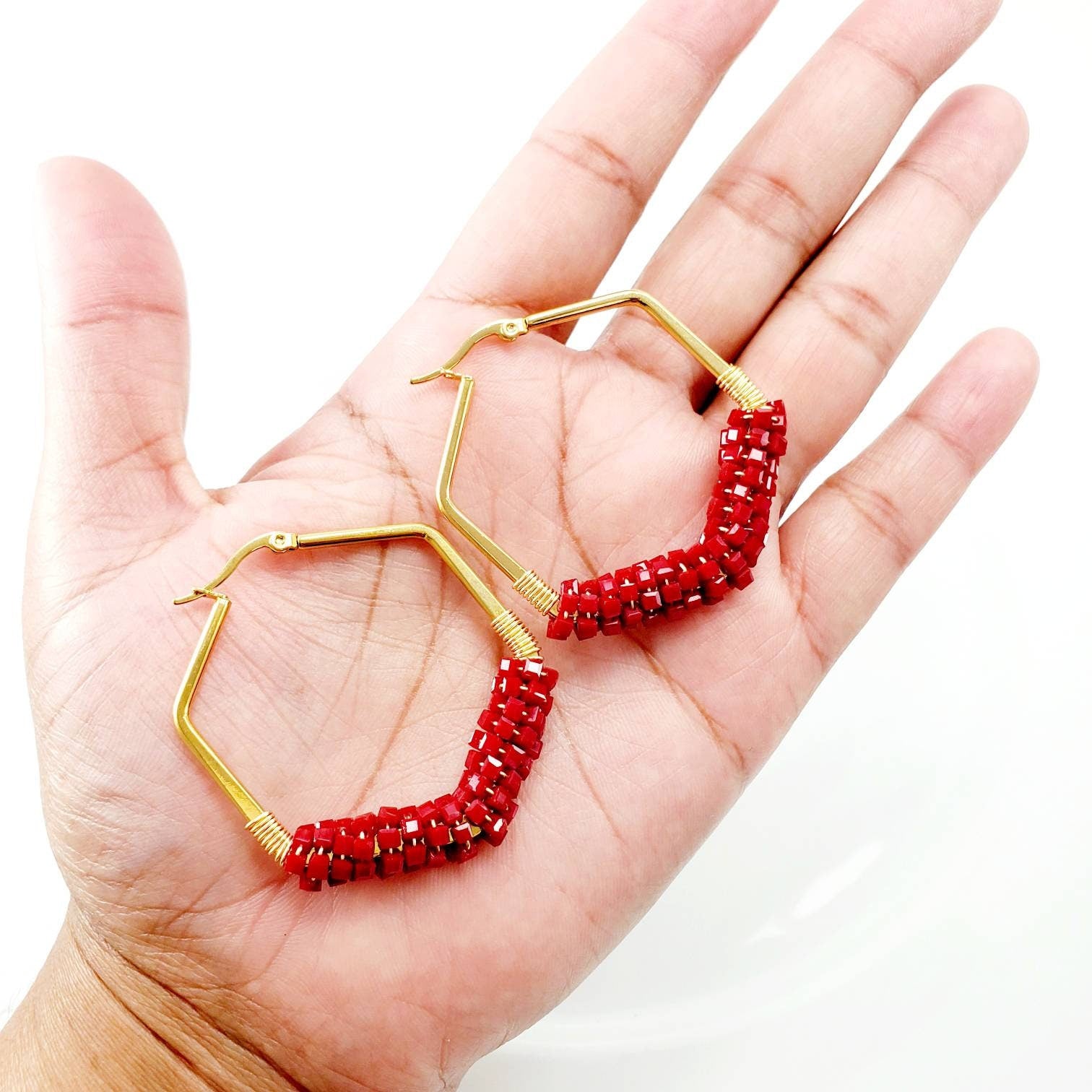 Red Earrings Hoop Hexagon, Colorful red earrings, Red Crystal hoop earrings, 14k gold filled hoop earrings, Chunky hoop earrings