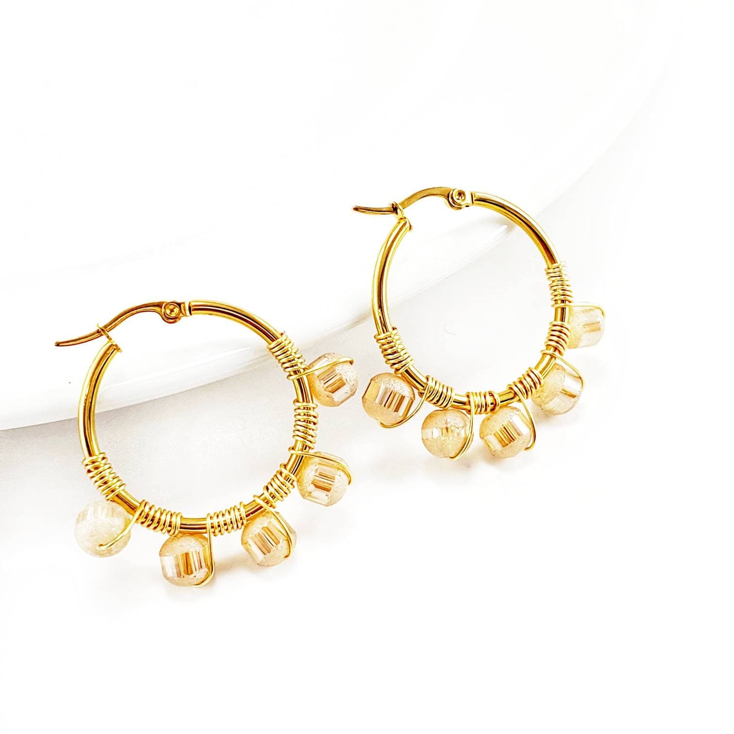 PEACH Crystal hoop earrings, Chunky hoop earrings, Unique hoop earrings, Gold chunky hoop earrings, Chunky geometric earrings