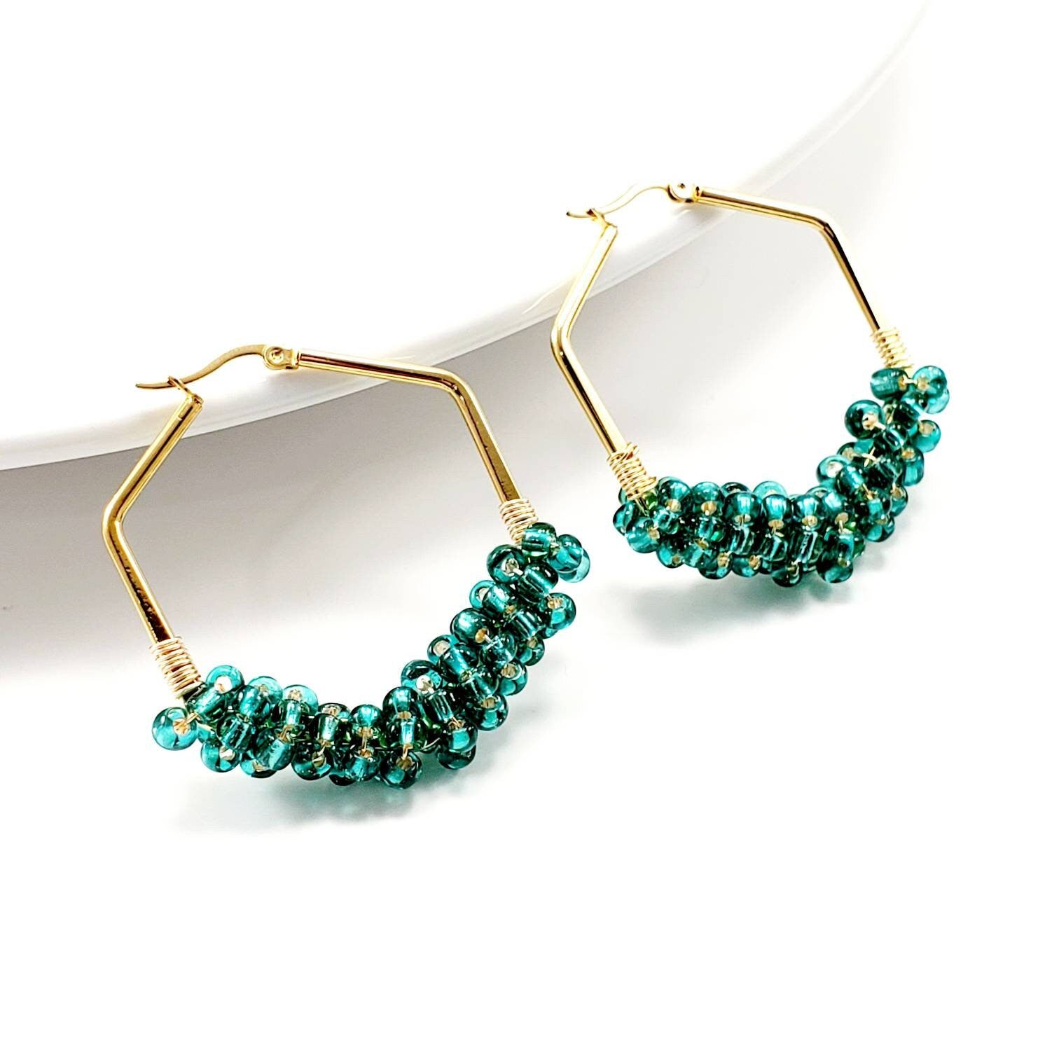 Lizz Franco Hexagon Earrings - Gold Beaded Hoop Earrings, Geometric Hoops