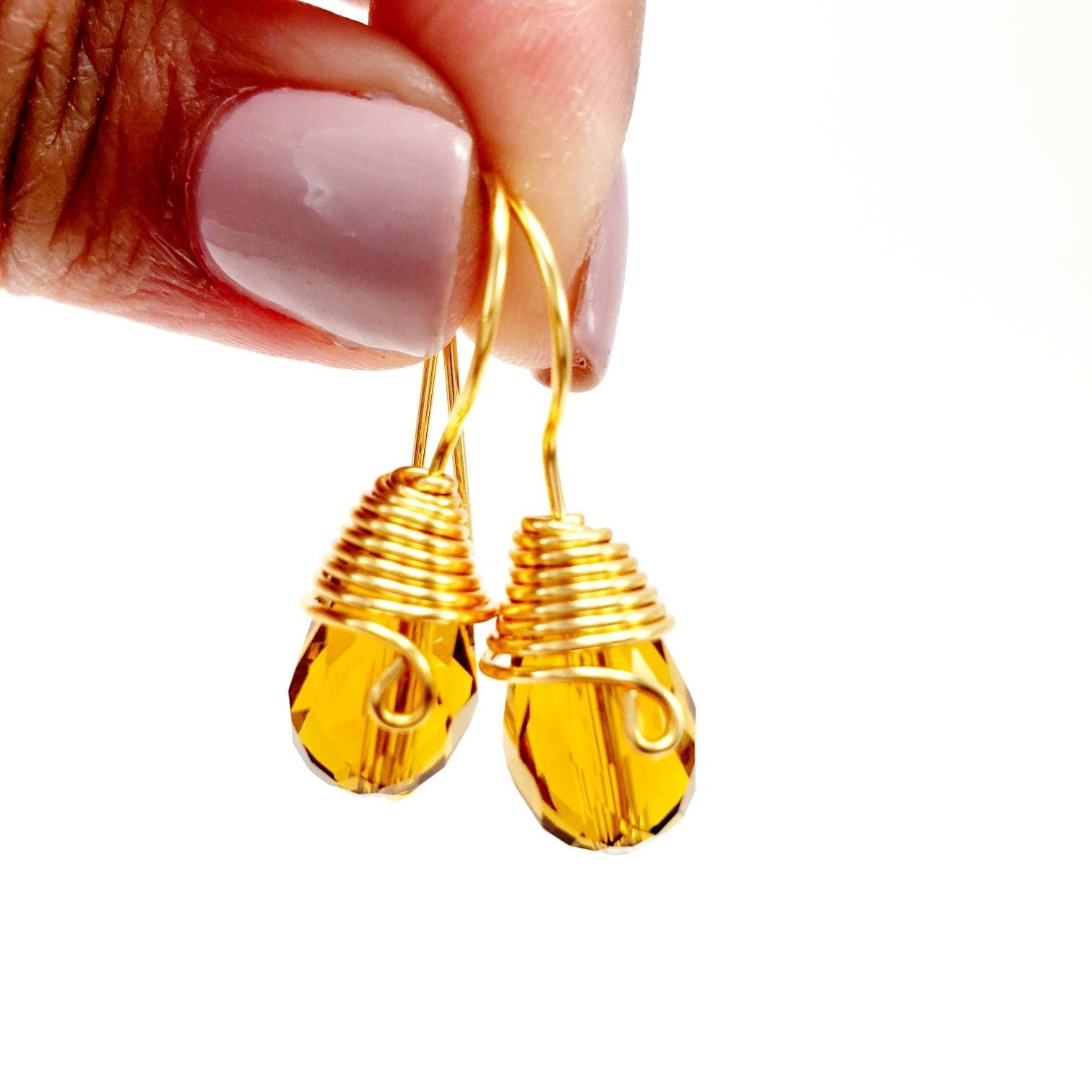 Huggie earrings, Small crystal earrings, Tear drop earrings, Tiny dangle earrings, Wire wrapped earrings, Funky earrings,Aunt gift Christmas