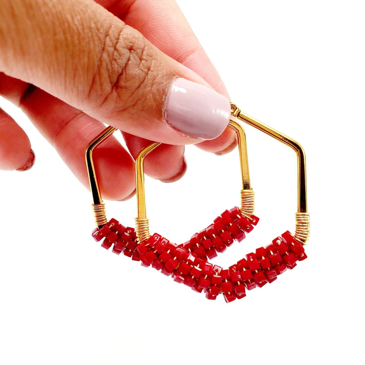 Red Earrings Hoop Hexagon, Colorful red earrings, Red Crystal hoop earrings, 14k gold filled hoop earrings, Chunky hoop earrings