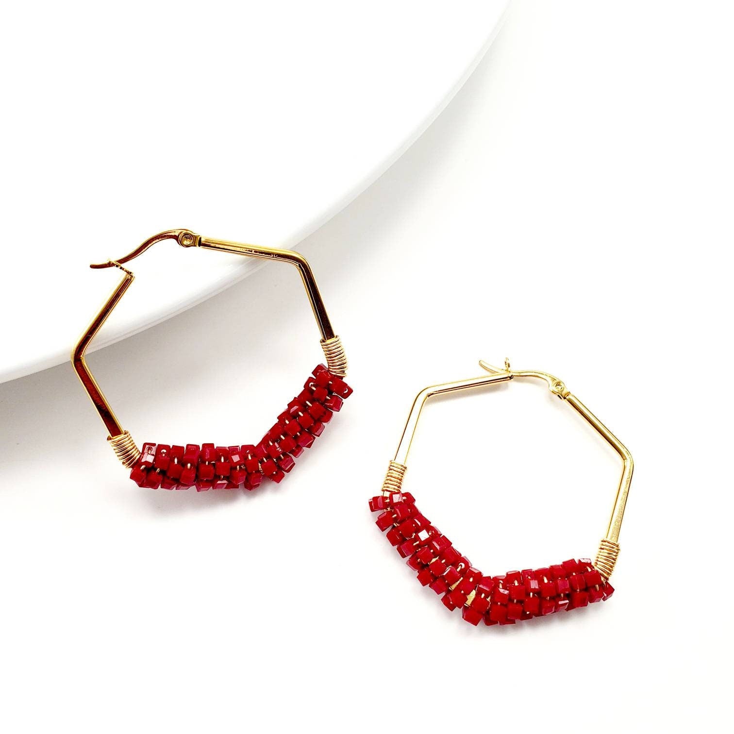 Red Earrings Hoop Hexagon, Colorful red earrings, Red Crystal hoop earrings, 14k gold filled hoop earrings, Chunky hoop earrings
