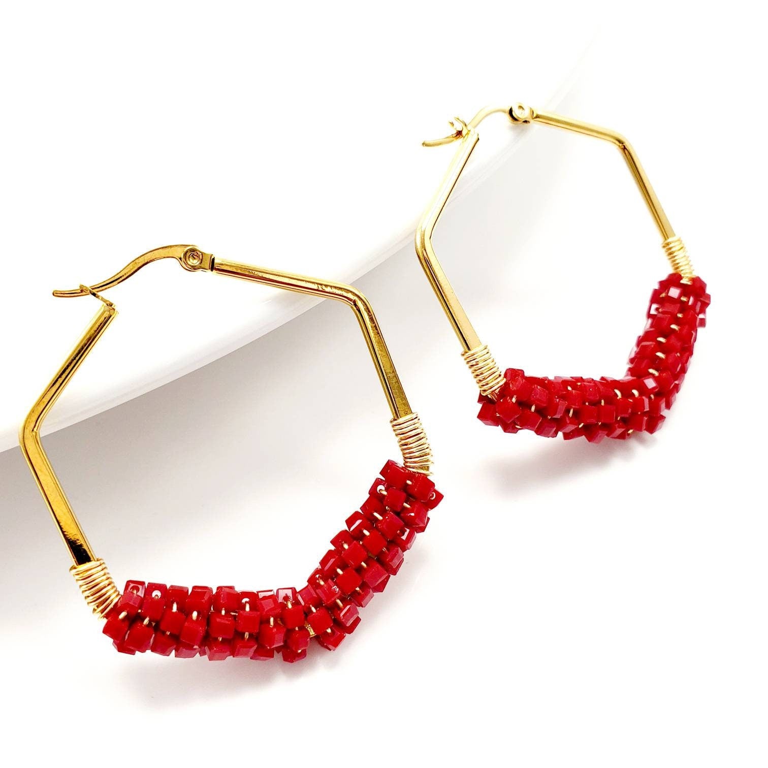 Red Earrings Hoop Hexagon, Colorful red earrings, Red Crystal hoop earrings, 14k gold filled hoop earrings, Chunky hoop earrings