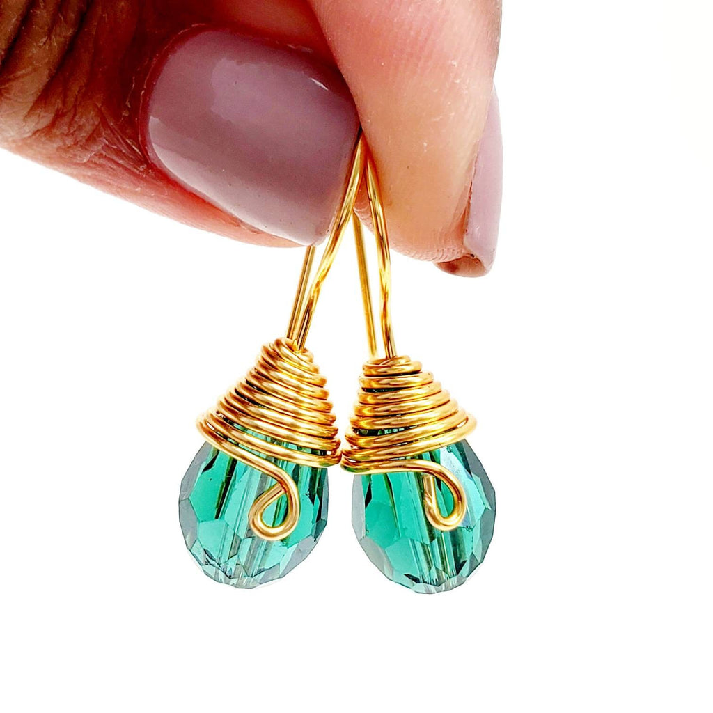 Teardrop Emerald Crystal Drop Dangle Earrings, teardrop crystal earrings, Tiny drop earrings, green glass teardrop earrings Minimal