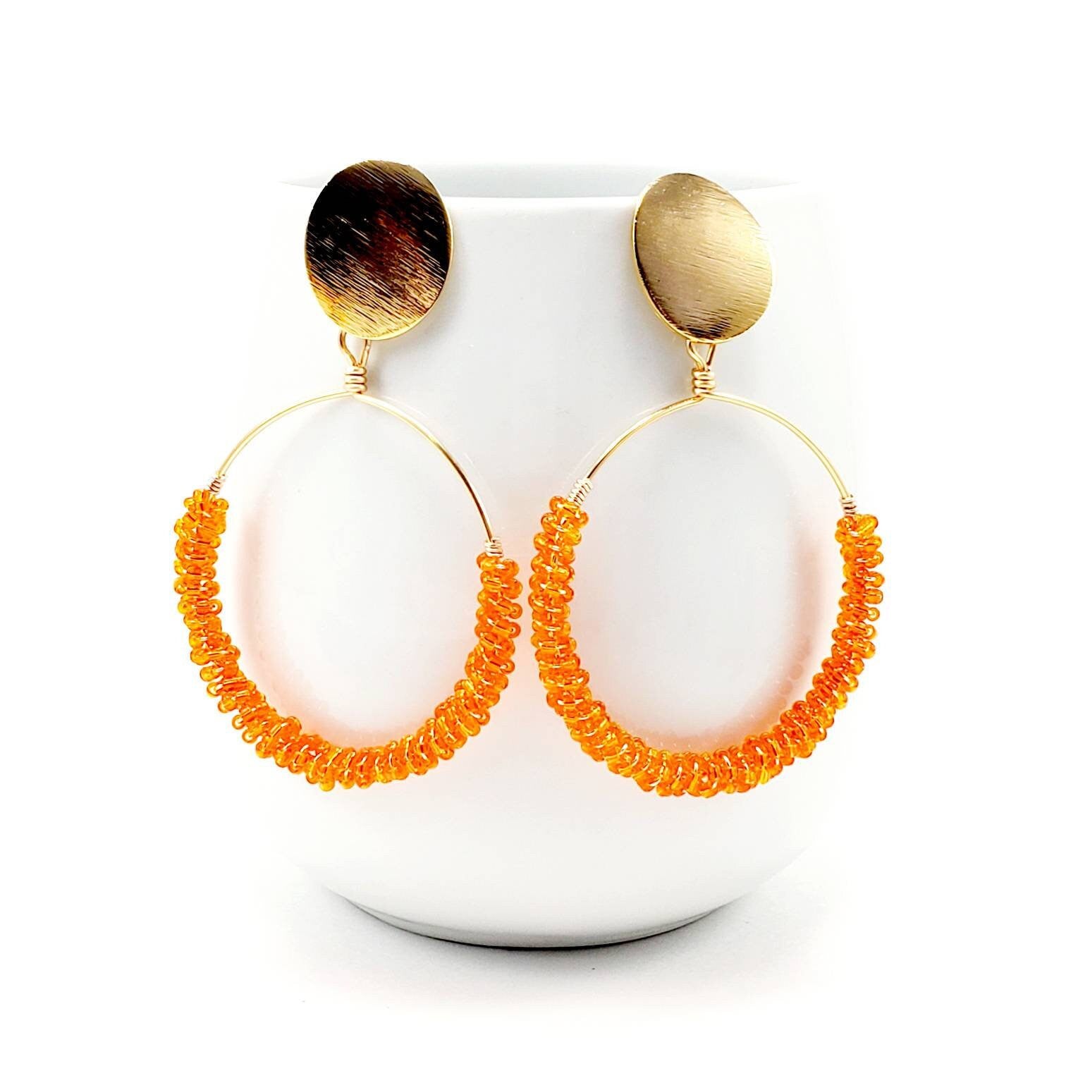 Orange Beaded Hoop earrings, Orange gold  hoop Earrings, Thick hoop earrings, Chunky hoop earrings, Large beaded hoop earrings