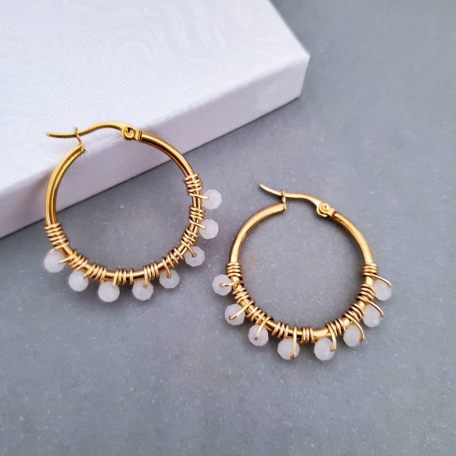 White Crystal Hoop Earrings, Gold filled hoop earrings, 18K Plated Thin Hoop Earrings, Gold Boho Hoops, medium gold hoop, Thin Gold Hoops