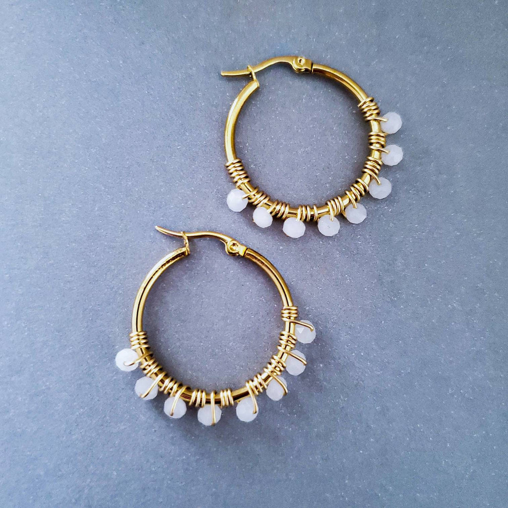 White Crystal Hoop Earrings, Gold filled hoop earrings, 18K Plated Thin Hoop Earrings, Gold Boho Hoops, medium gold hoop, Thin Gold Hoops