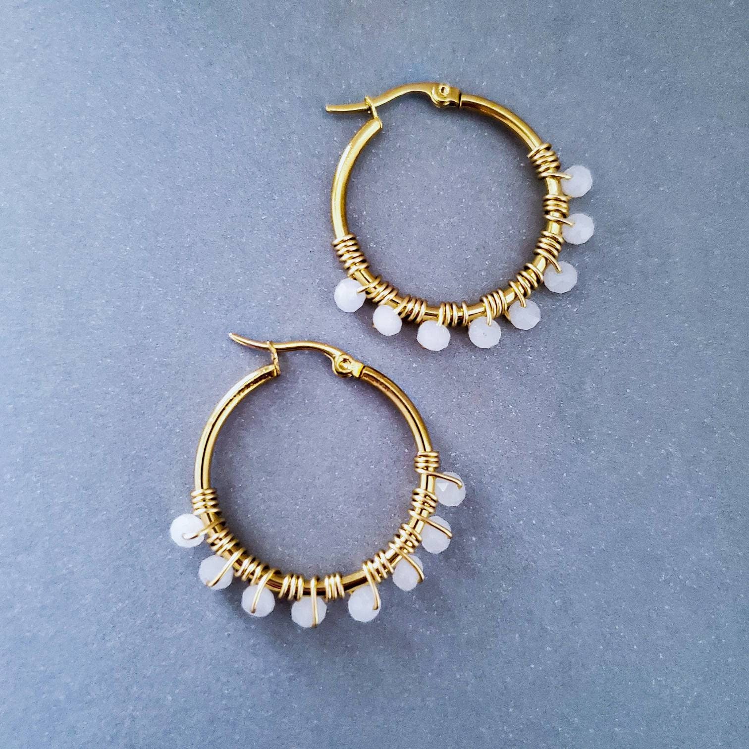 White Crystal Hoop Earrings, Gold filled hoop earrings, 18K Plated Thin Hoop Earrings, Gold Boho Hoops, medium gold hoop, Thin Gold Hoops