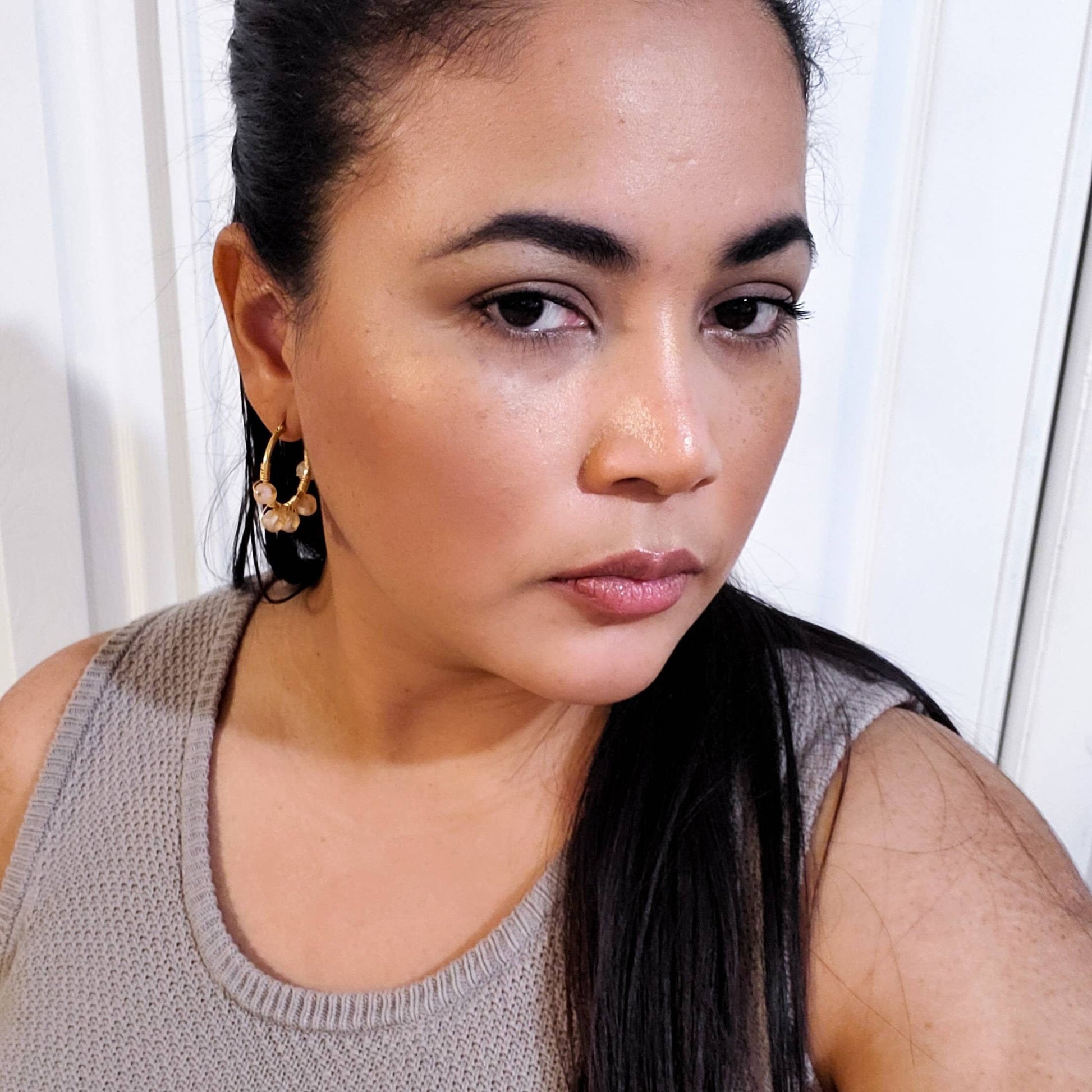 PEACH Crystal hoop earrings, Chunky hoop earrings, Unique hoop earrings, Gold chunky hoop earrings, Chunky geometric earrings