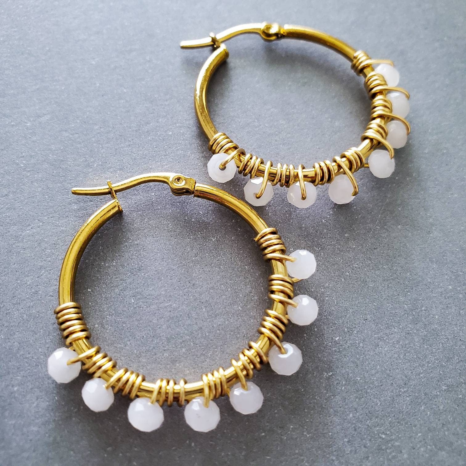 White Crystal Hoop Earrings, Gold filled hoop earrings, 18K Plated Thin Hoop Earrings, Gold Boho Hoops, medium gold hoop, Thin Gold Hoops