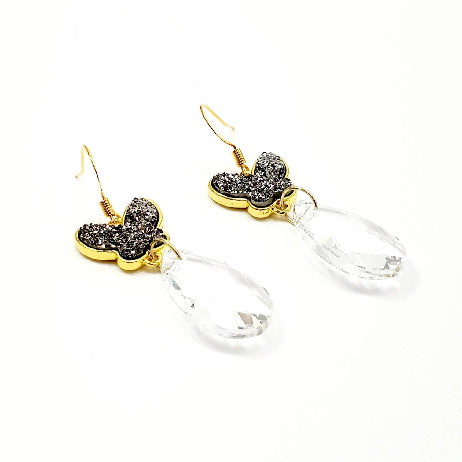 Druzy Earrings, Druzy drop earrings, Butterfly wing earrings, Raw crystal earrings, Tear drop earrings, Asymmetrical earrings, Bestseller