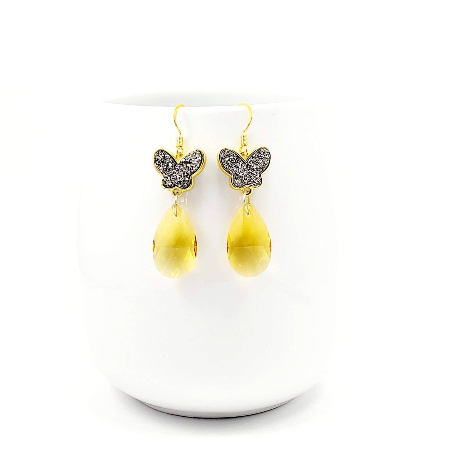 Druzy Earrings, Druzy drop earrings, Butterfly wing earrings, Raw crystal earrings, Tear drop earrings, Asymmetrical earrings, Bestseller