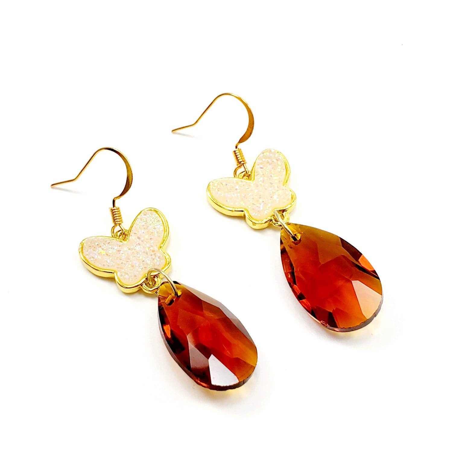 Druzy Earrings, Druzy drop earrings, Butterfly wing earrings, Raw crystal earrings, Tear drop earrings, Asymmetrical earrings, Bestseller
