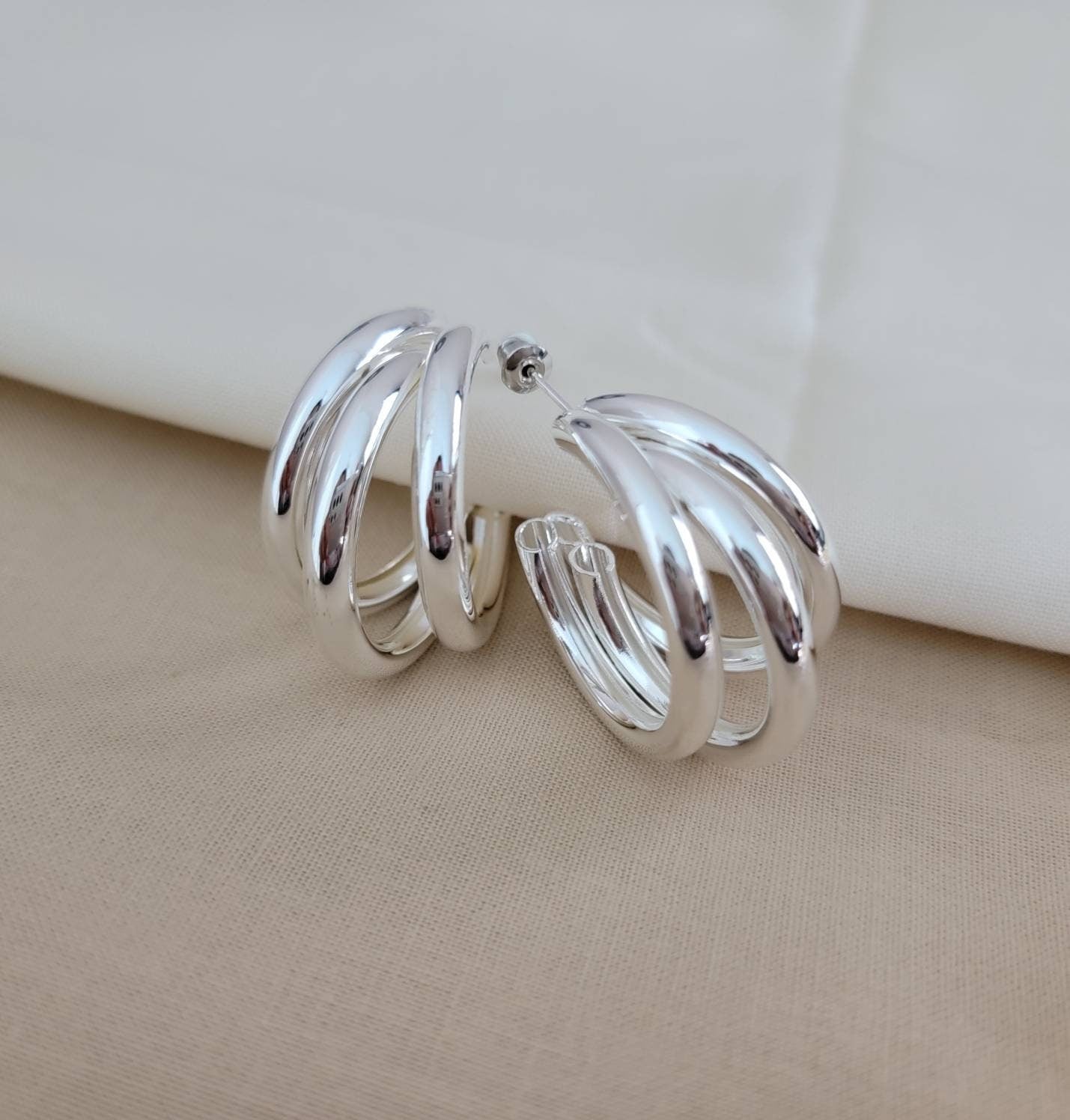 Triple Hoop Earrings, chunky thick hoop earrings, thick hoop silver earring,  chunky gold hoops, earring for hers, gifted mom giftful