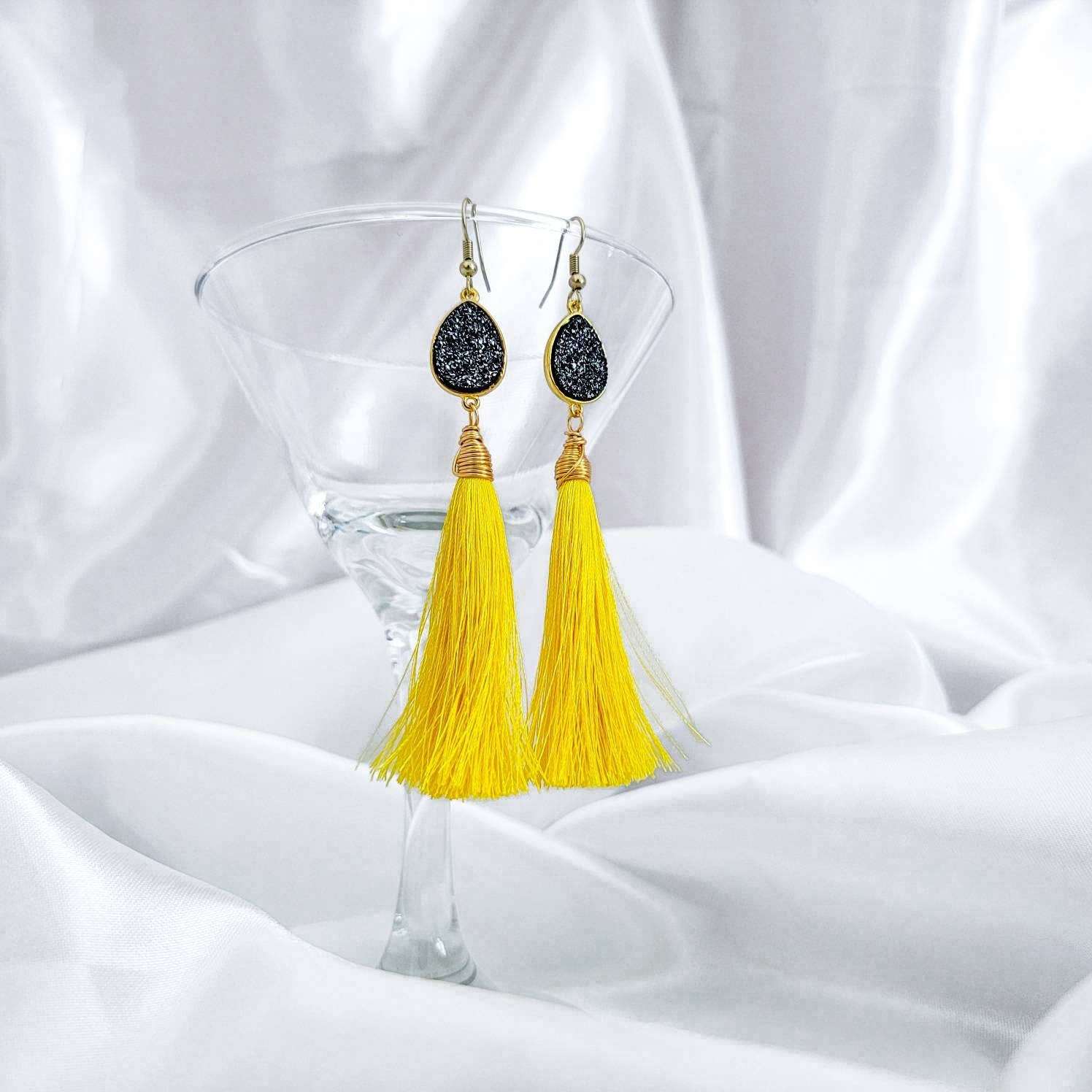 Tassel Earrings, Druzy Earrings, Colorful earrings, Colorful tassels, Fringe earrings, Big earrings, Summer earrings, extra long earrings