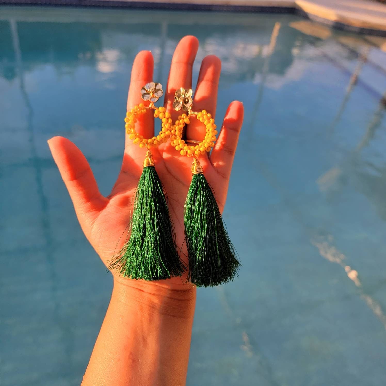 Beaded fringe earrings, Green Tassel Earrings, Yellow tassel earrings, Beaded tassel earrings, Long Tassel earrings, silk tassel earrings