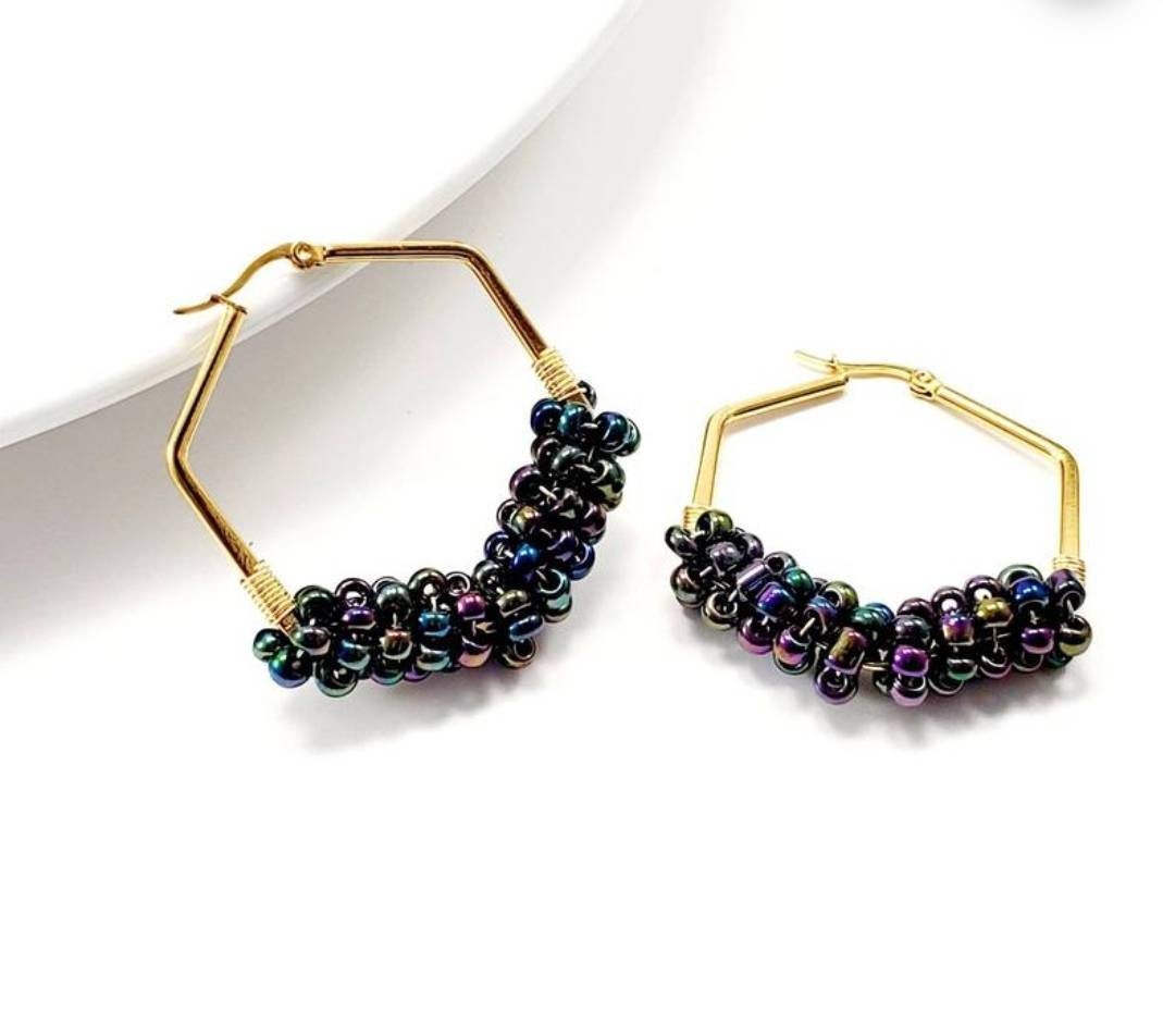 Hexagon Hoop Earrings, Beaded hoop Earrings, Unique hoop earrings, Thick hoop earrings, CHUNKY HOOP EARRINGS, Large hoop earrings,