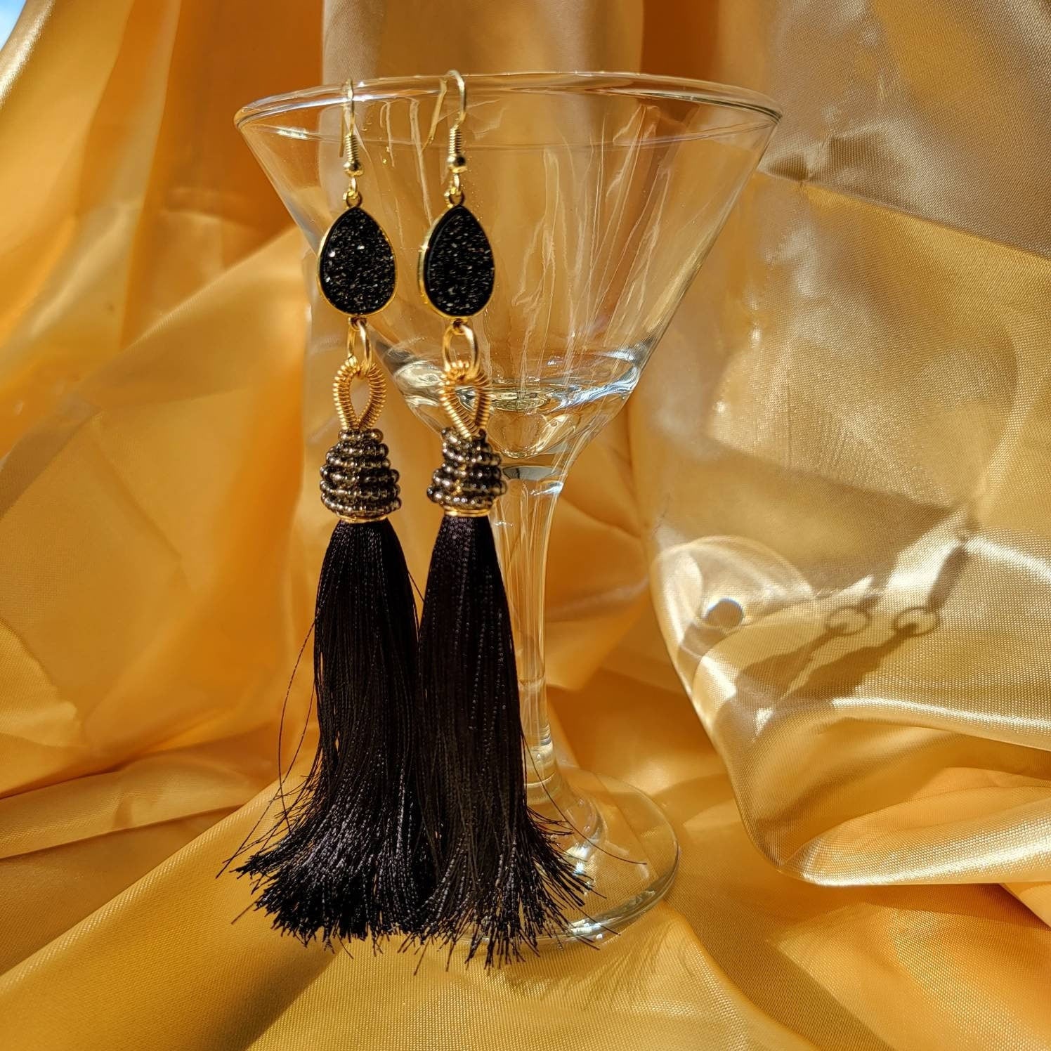 Black Tassel Earrings - Large Bohemian Tassel Earrings for Women