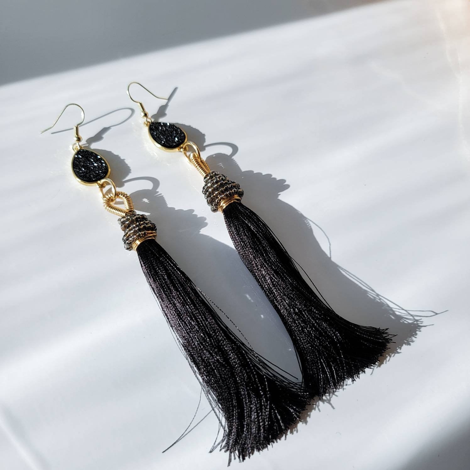 Black Tassel Earrings - Large Bohemian Tassel Earrings for Women
