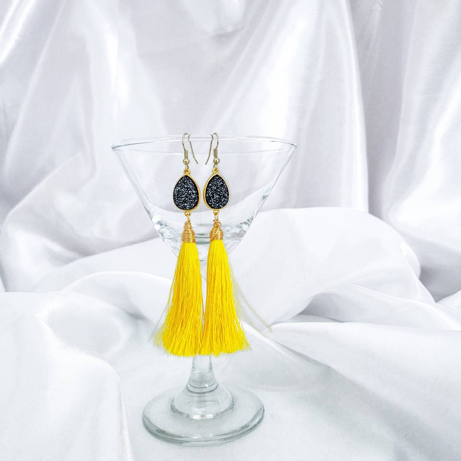 Tassel Earrings, Druzy Earrings, Colorful earrings, Colorful tassels, Fringe earrings, Big earrings, Summer earrings, extra long earrings