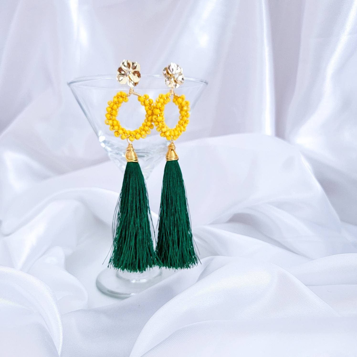 Beaded fringe earrings, Green Tassel Earrings, Yellow tassel earrings, Beaded tassel earrings, Long Tassel earrings, silk tassel earrings