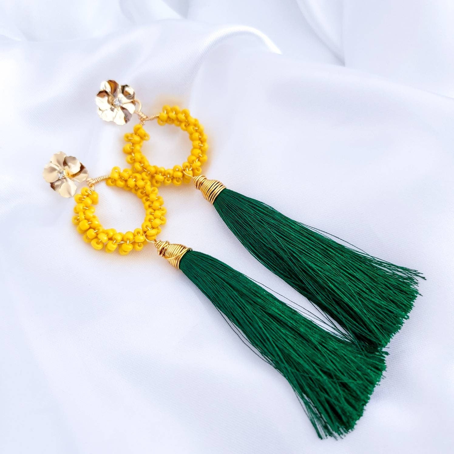 Beaded fringe earrings, Green Tassel Earrings, Yellow tassel earrings, Beaded tassel earrings, Long Tassel earrings, silk tassel earrings