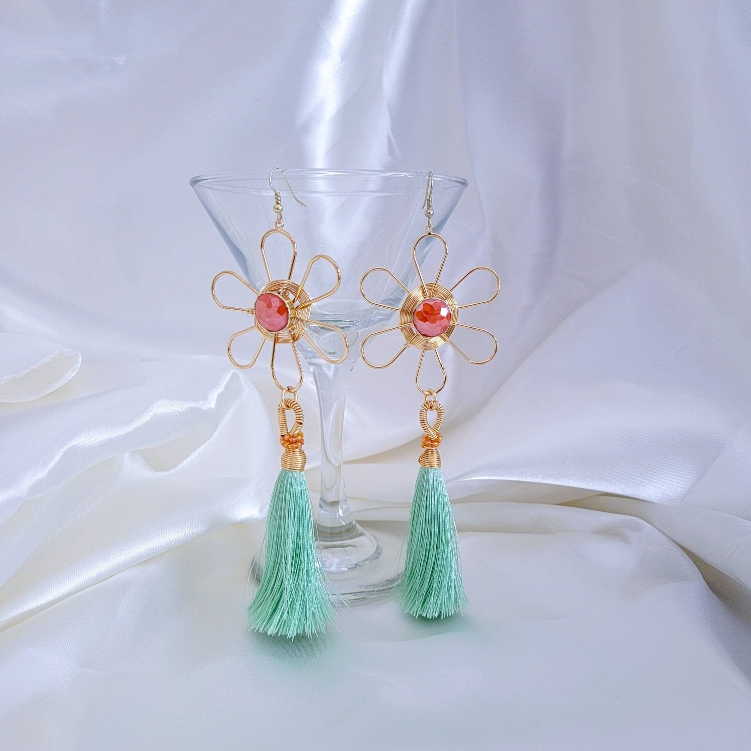 Daisy Tassel Earrings, Tassel Dangle Earrings, Floral Drop