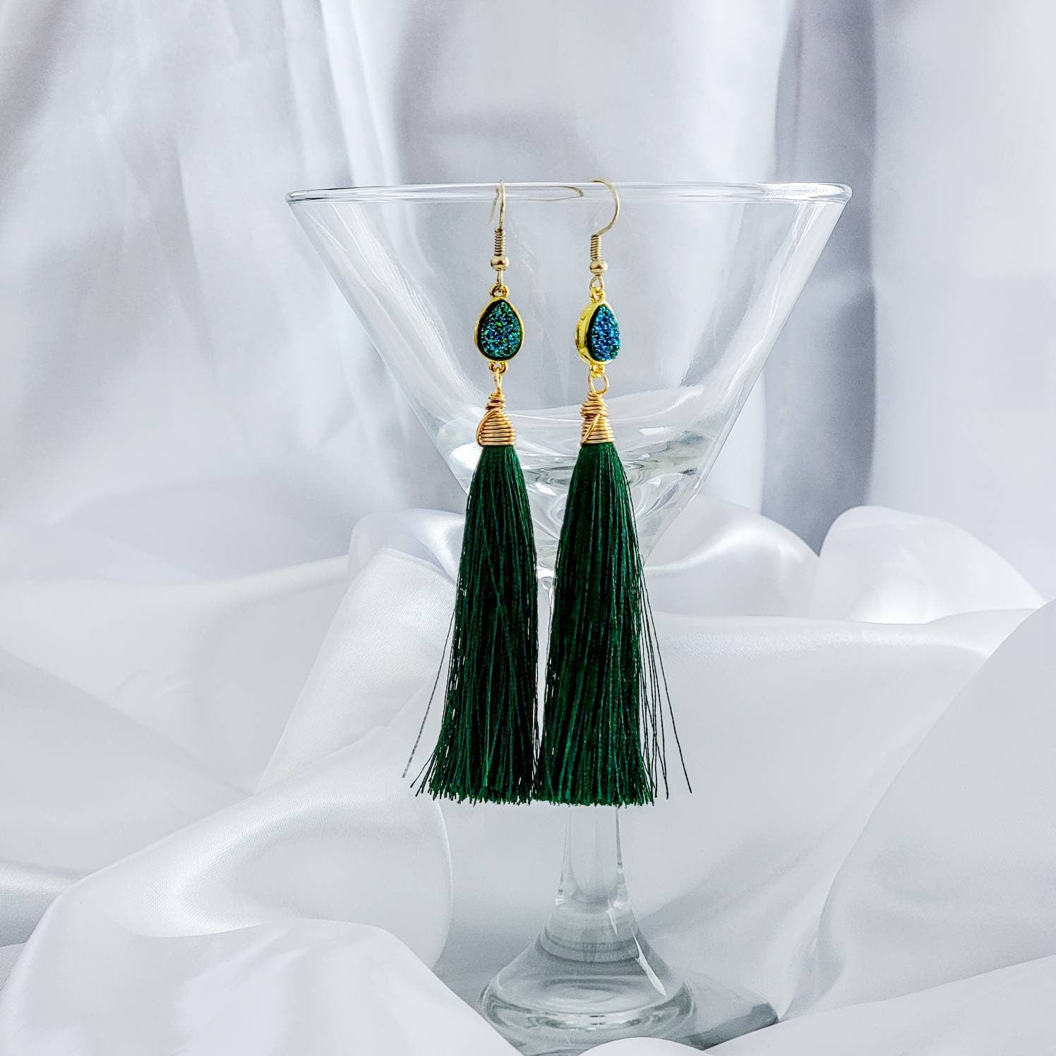 Tassel Earrings, Druzy earrings, Colorful earrings, Large tassel earrings, Long earrings, Silk tassel earrings, Statement tassel earrings