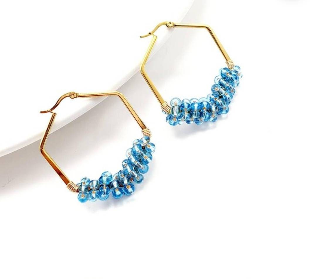 Hexagon Hoop Earrings, Beaded hoop Earrings, Unique hoop earrings, Thick hoop earrings, CHUNKY HOOP EARRINGS, Large hoop earrings,
