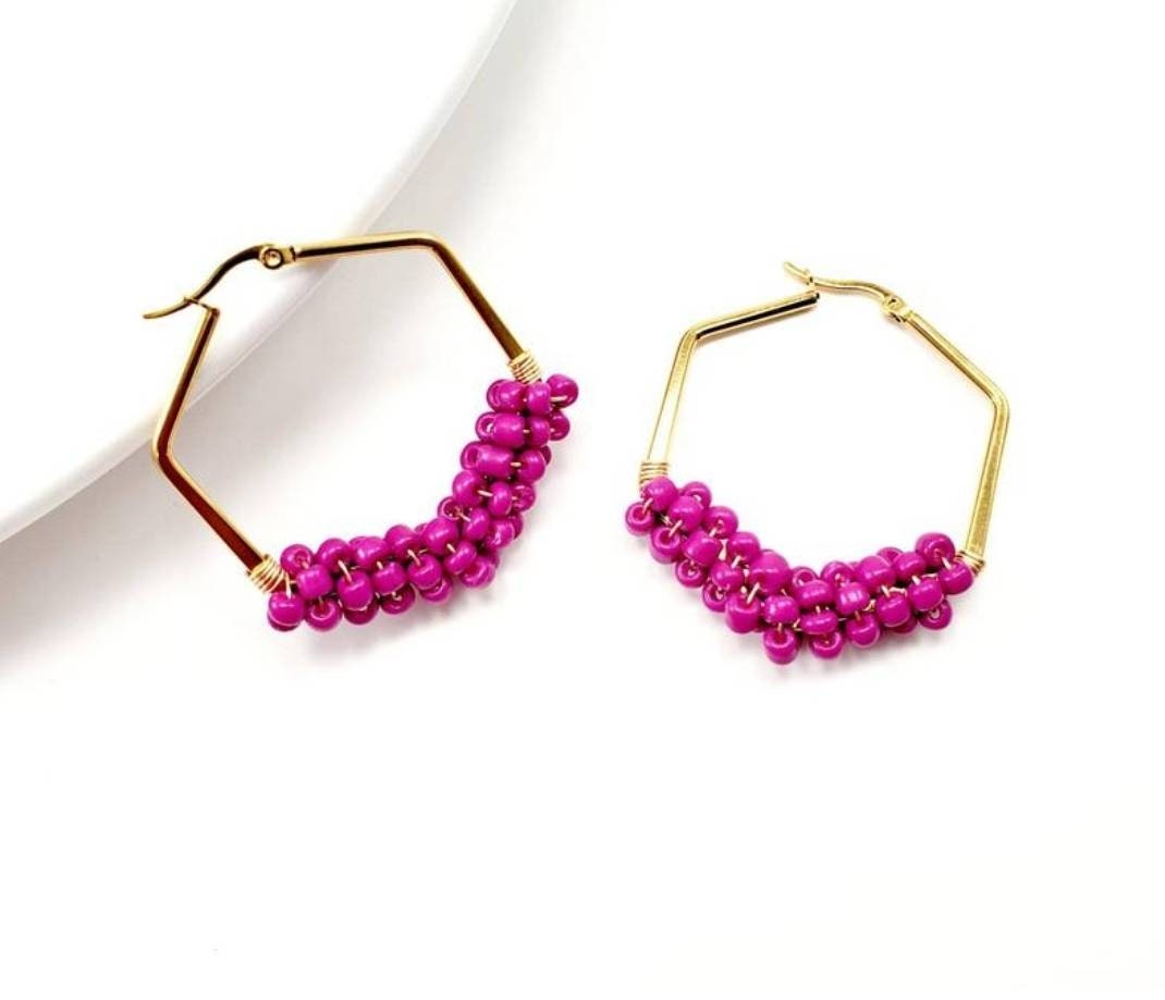 Hexagon Hoop Earrings, Beaded hoop Earrings, Unique hoop earrings, Thick hoop earrings, CHUNKY HOOP EARRINGS, Large hoop earrings,