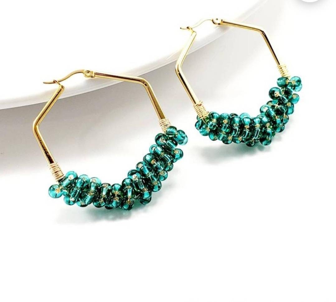 Hexagon Hoop Earrings, Beaded hoop Earrings, Unique hoop earrings, Thick hoop earrings, CHUNKY HOOP EARRINGS, Large hoop earrings,