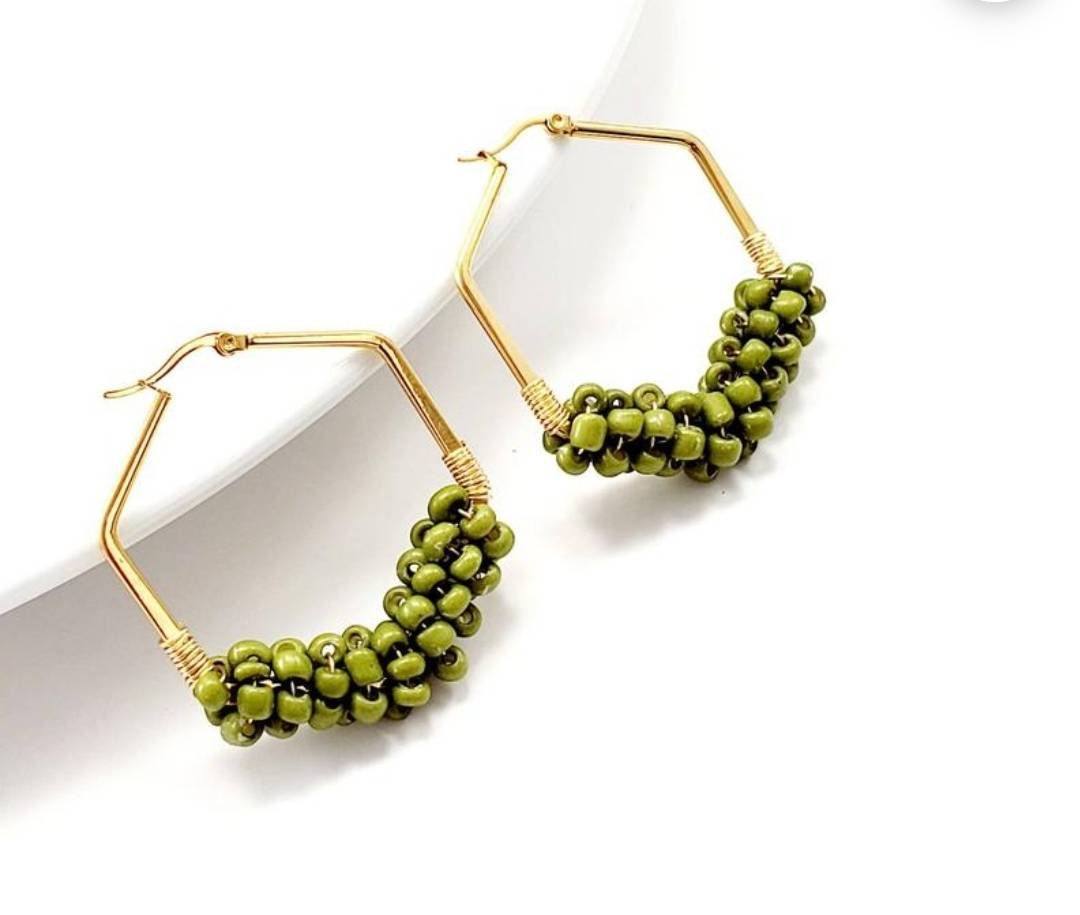 Hexagon Hoop Earrings, Beaded hoop Earrings, Unique hoop earrings, Thick hoop earrings, CHUNKY HOOP EARRINGS, Large hoop earrings,
