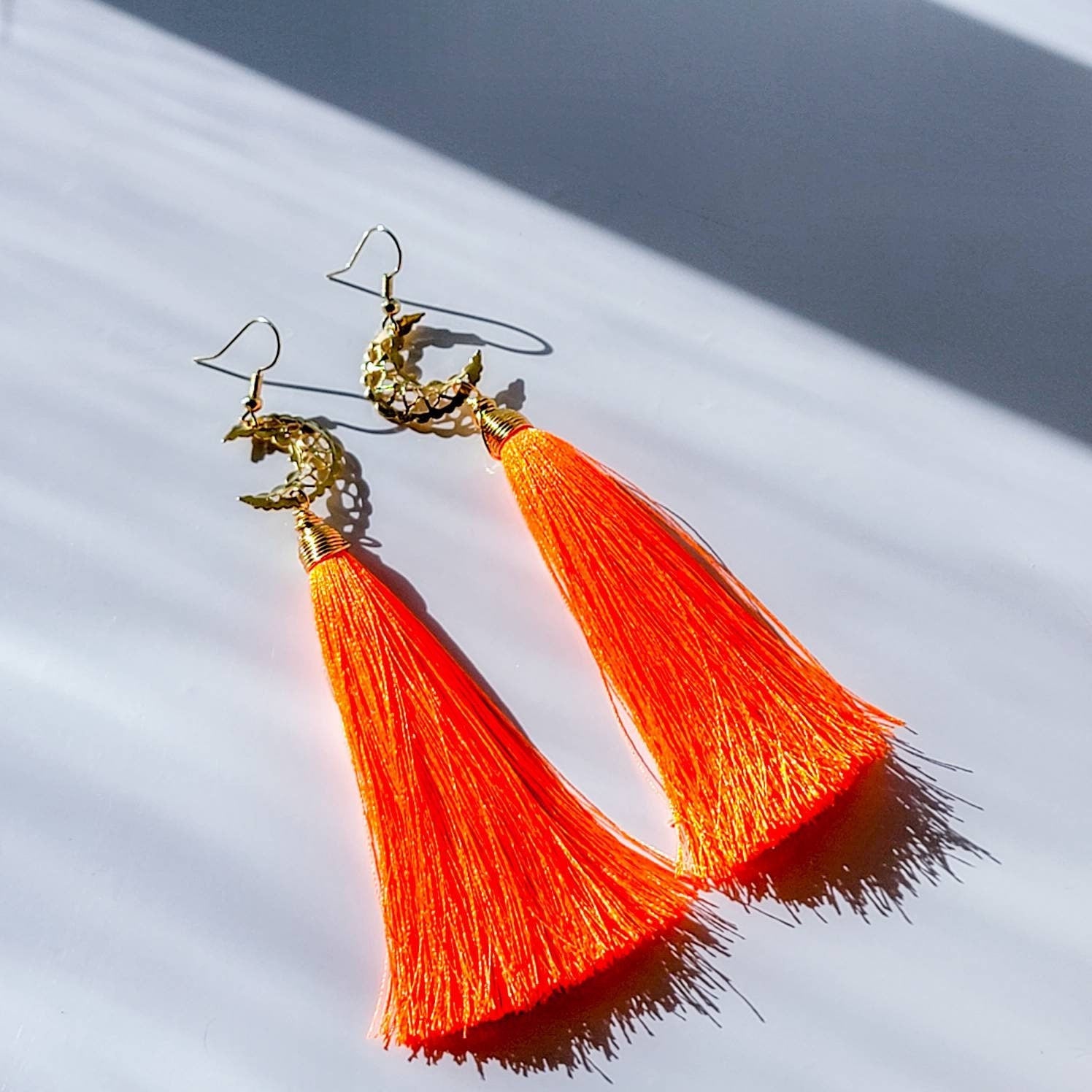 Tassel earrings, Crescent moon earrings, Moon phase earrings, long drop earrings, Half moon earrings, Lunar earrings, crescent earrings