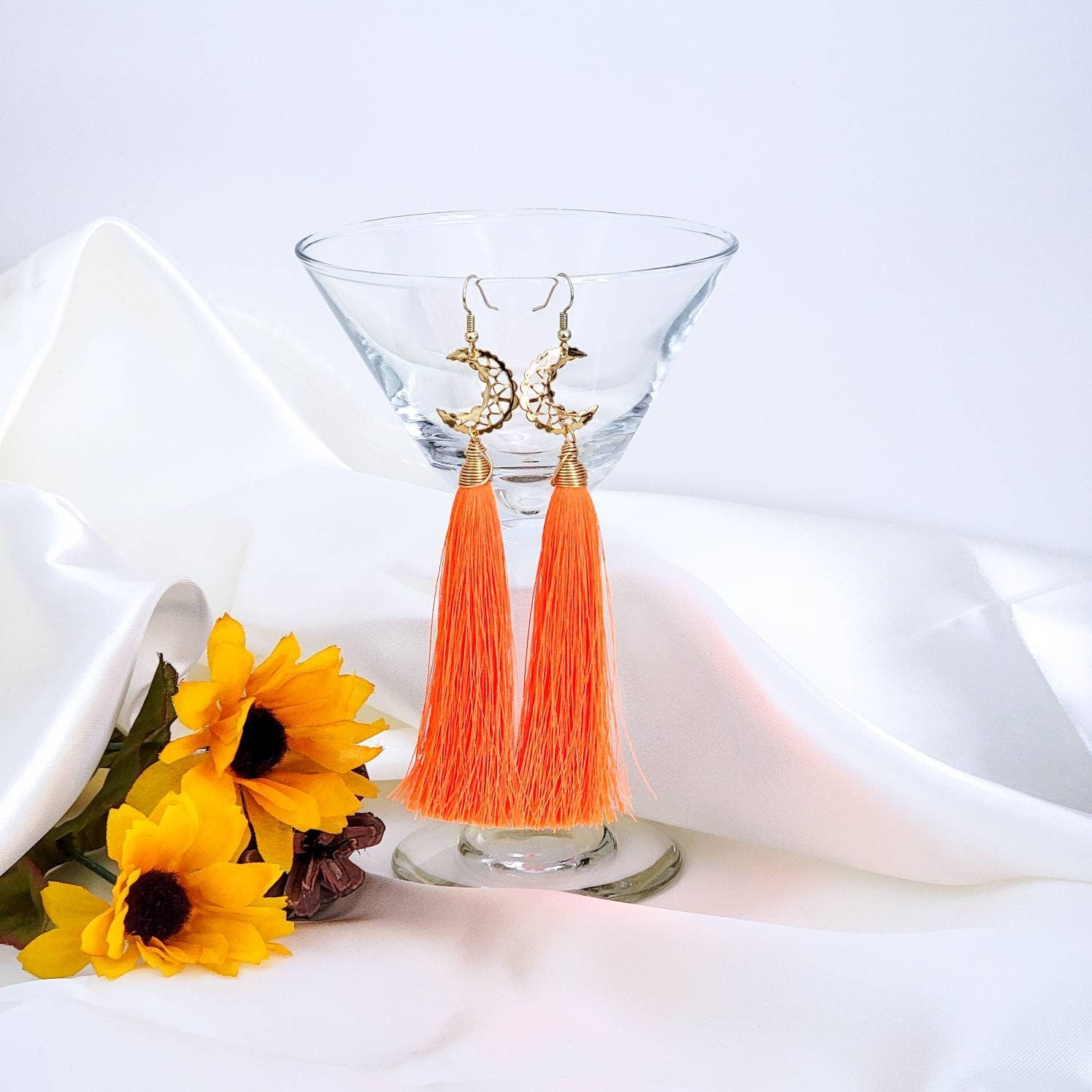 Tassel earrings, Crescent moon earrings, Moon phase earrings, long drop earrings, Half moon earrings, Lunar earrings, crescent earrings
