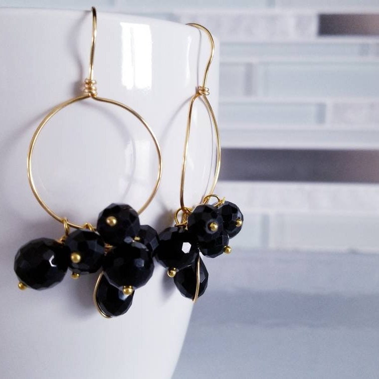 Black Crystal hoop earrings, Charm hoops, Huggie hoop earrings with charm, Thin gold hoop earrings, Thin hoop earrings,Crystal hoop earrings